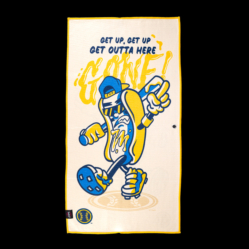 Cartoon hot dog wearing a Brewers cap and cleats with the phrase "Get Up. Get Up. Get Outta Here Gone!" on an officially licensed Milwaukee Brewers MLB golf towel by SWAG Golf.