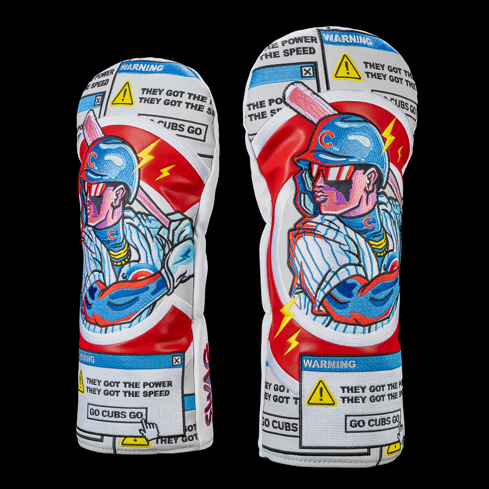 SWAG Golf Chicago Cubs driver cover featuring a retro comic-style Cubs batter with mirrored sunglasses, warning pop-up windows, lightning bolts, and clickable "GO CUBS GO" buttons.