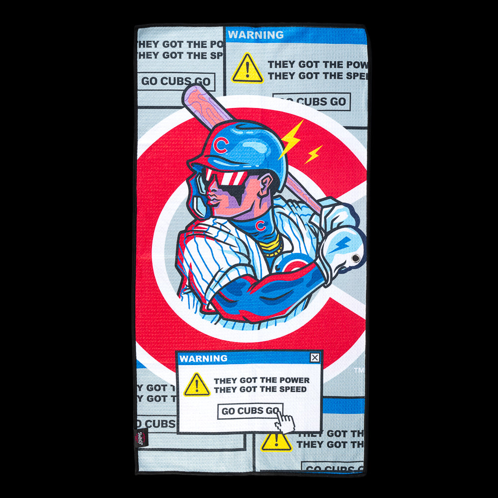 Cubs batter wearing shutter shades surrounded by computer warning windows reading "They Got the Power They Got the Speed" and "Go Cubs Go" on an officially licensed Chicago Cubs MLB golf towel by SWAG Golf.