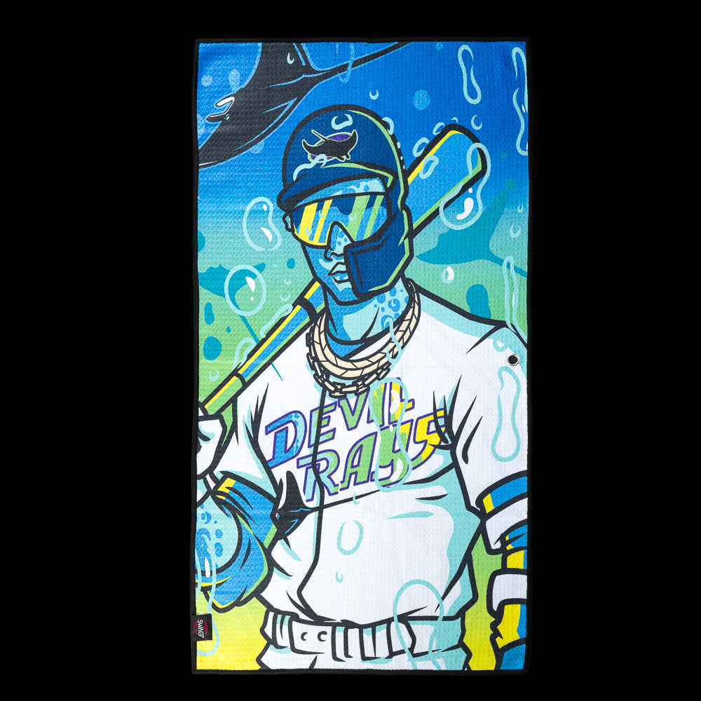 Devil Rays player wearing mirrored sunglasses surrounded by bubbles, sea life, and underwater graphics on an officially licensed Tampa Bay Rays MLB golf towel by SWAG Golf.