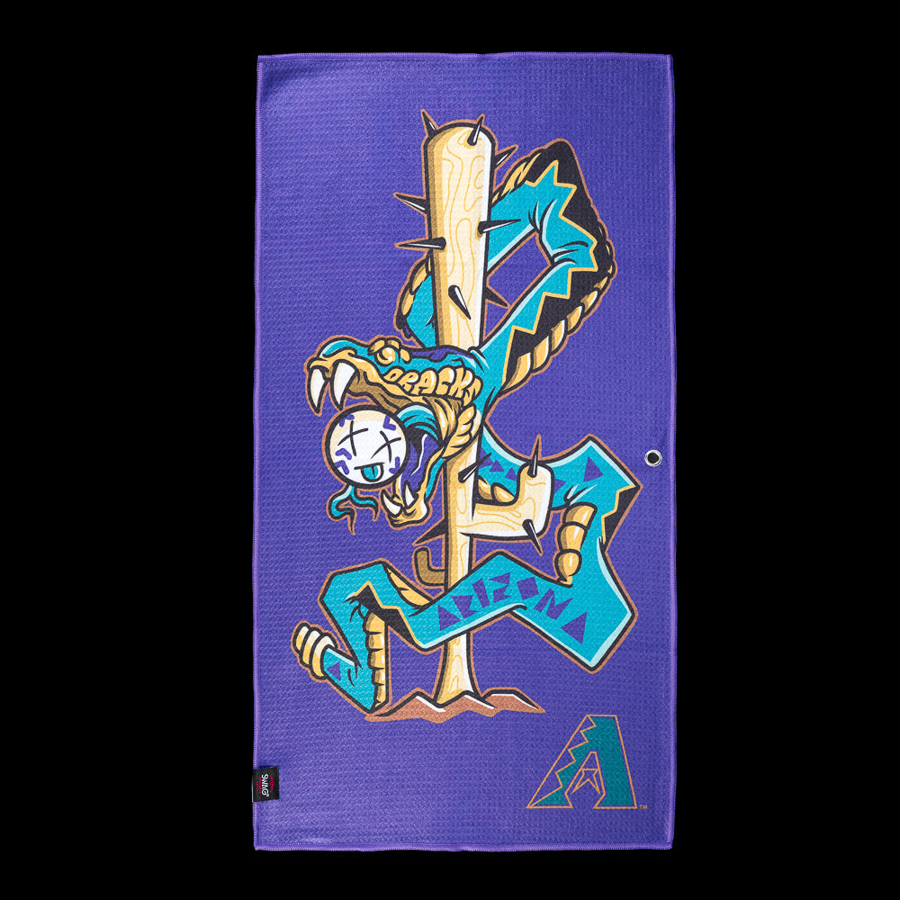 Diamondbacks cactus wrapped with a rattlesnake biting a baseball against a purple background on an officially licensed Arizona Diamondbacks MLB golf towel by SWAG Golf.