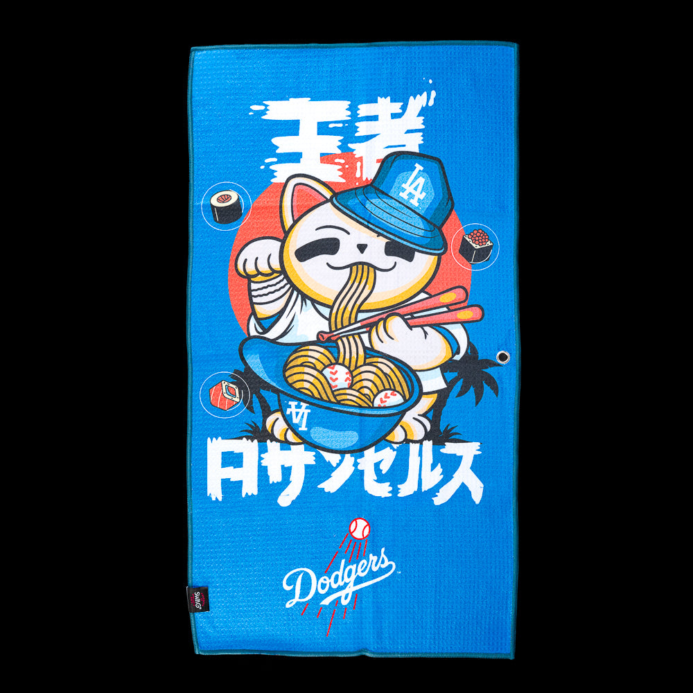 Lucky cat wearing a Dodgers bucket hat eating ramen from a baseball bowl with Japanese lettering and Dodgers logo on an officially licensed Los Angeles Dodgers MLB golf towel by SWAG Golf.