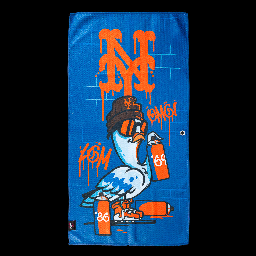 Graffiti-style pigeon wearing a Mets beanie and sunglasses with spray paint cans beneath a dripping New York Mets logo on an officially licensed MLB golf towel by SWAG Golf.