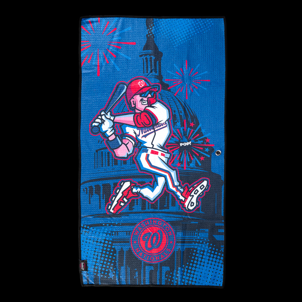 Nationals batter leaping in front of the U.S. Capitol with fireworks exploding across the night sky on an officially licensed Washington Nationals MLB golf towel by SWAG Golf.