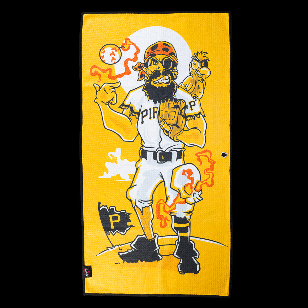 Pirate pitcher with an eyepatch, parrot, and flaming baseball against a bright yellow background on an officially licensed Pittsburgh Pirates MLB golf towel by SWAG Golf.