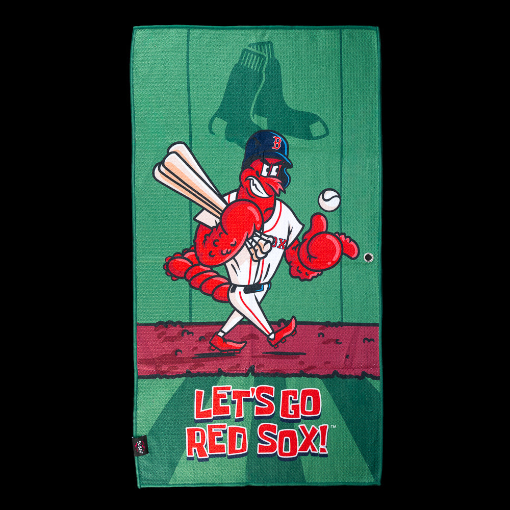 Cartoon lobster wearing a Red Sox uniform carrying baseball bats with "Let's Go Red Sox!" across the bottom on an officially licensed Boston Red Sox MLB golf towel by SWAG Golf.