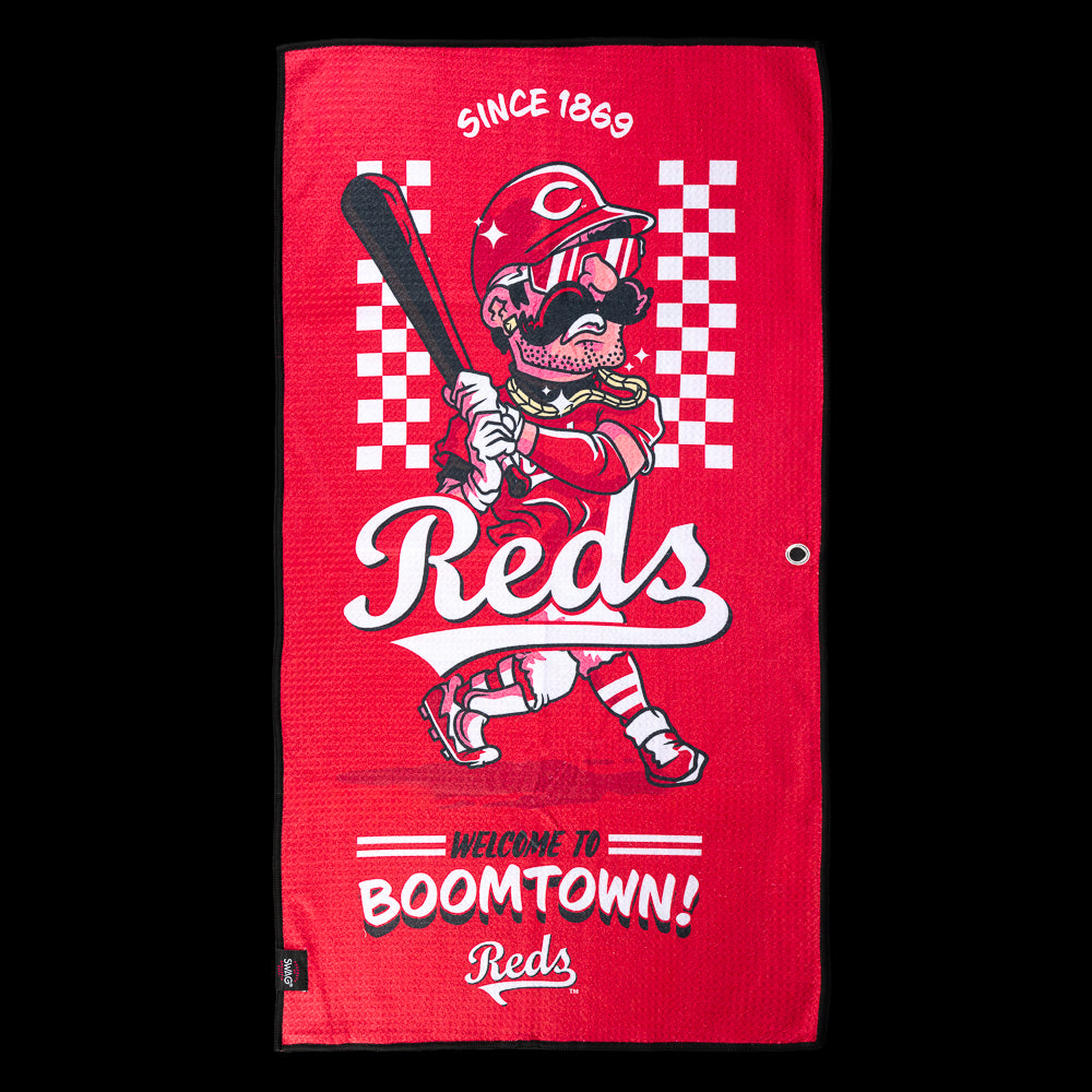 Mustached Reds batter beneath "Since 1869" and "Welcome to Boomtown!" lettering on an officially licensed Cincinnati Reds MLB golf towel by SWAG Golf.