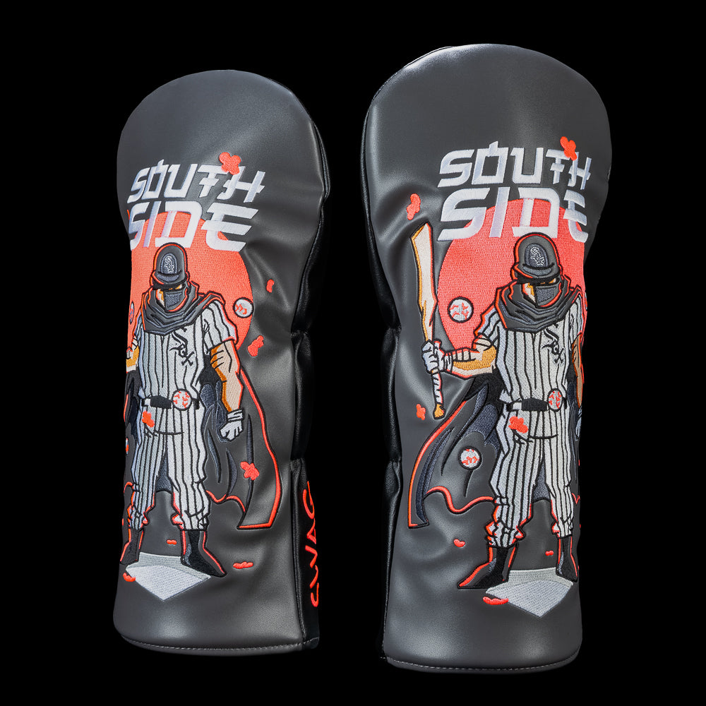 SWAG Golf Chicago White Sox driver cover featuring a masked player in a pinstripe White Sox uniform with a flowing cape, floating baseballs, bold "SOUTH SIDE" lettering, and red highlights on a black background.