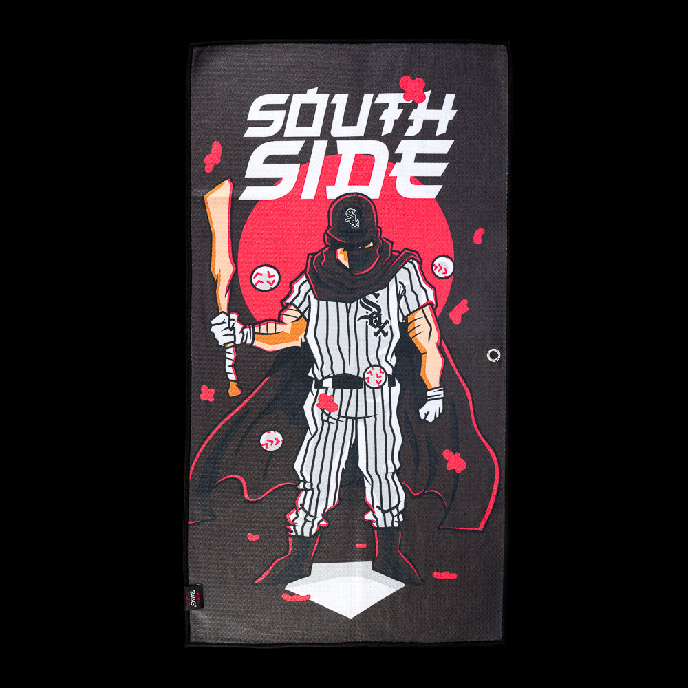 Masked samurai baseball warrior beneath bold "South Side" lettering with floating baseballs on an officially licensed Chicago White Sox MLB golf towel by SWAG Golf.