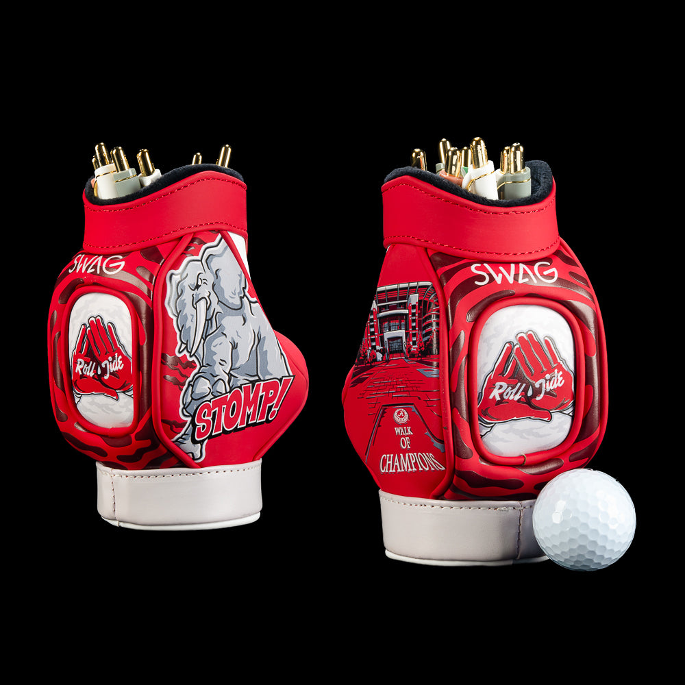 SWAG Golf Alabama Crimson Tide Desk Caddy in crimson, white, gray, and black with a charging elephant illustration, “Stomp!” lettering, “Roll Tide” script, stadium artwork, and Alabama championship graphics.