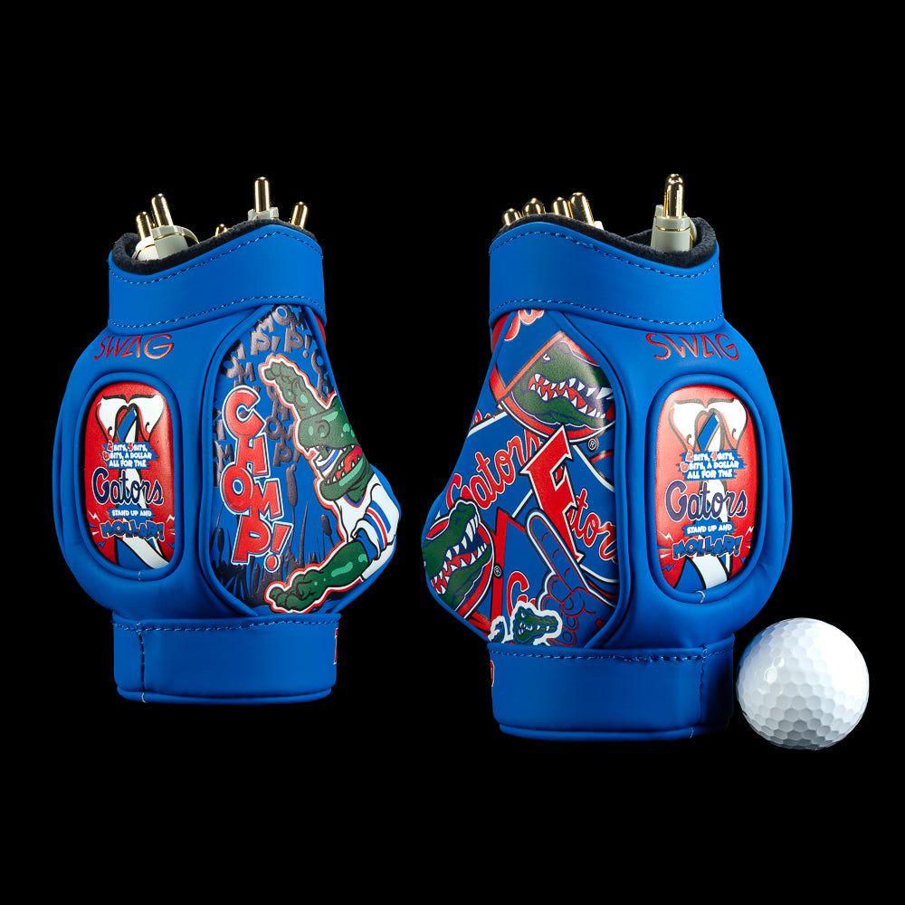 SWAG Golf Florida Gators Desk Caddy in electric blue, orange, red, and green with multiple alligator illustrations, oversized Florida lettering, “Gator” text, and swamp-inspired artwork.