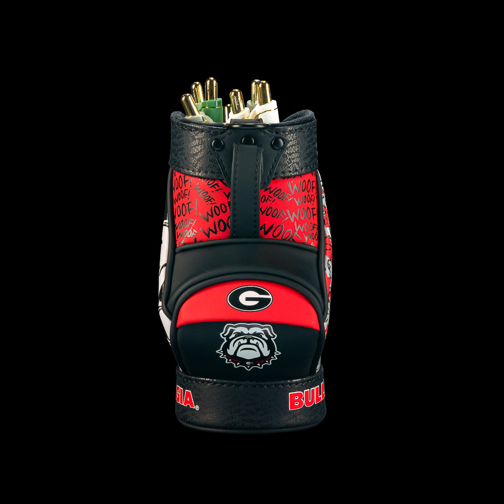 Front view of the Georgia Bulldogs Desk Caddy with black and red panels, a centered Georgia G logo, repeating red graphic shapes, and black textured trim.