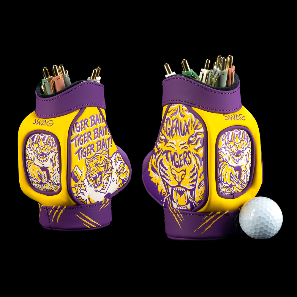 SWAG Golf LSU Tigers Desk Caddy in purple and gold with a roaring tiger head, tiger-eye illustrations, repeated “Tiger Bait” lettering, “Geaux Tigers” text, and diagonal claw-mark stripes.