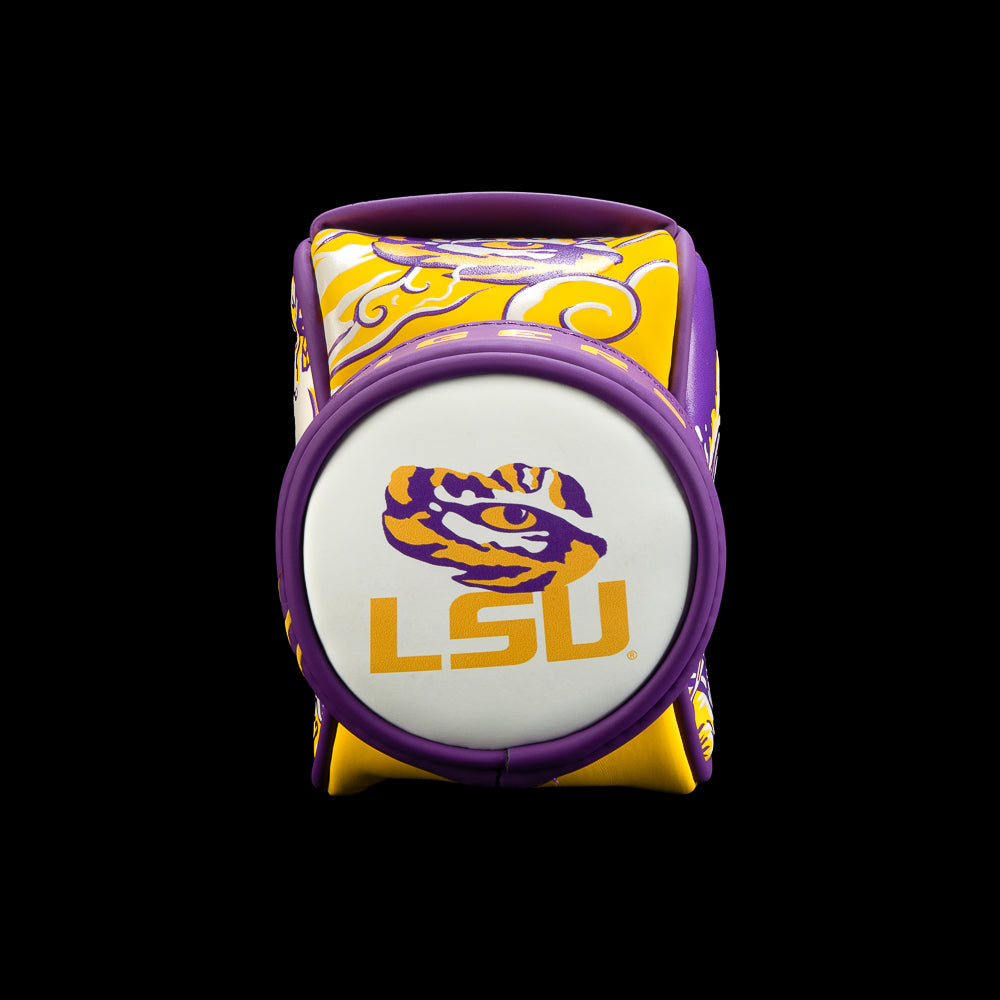 Bottom view of the LSU Tigers Desk Caddy with a large LSU logo, tiger eye graphic, gold typography, and purple border.