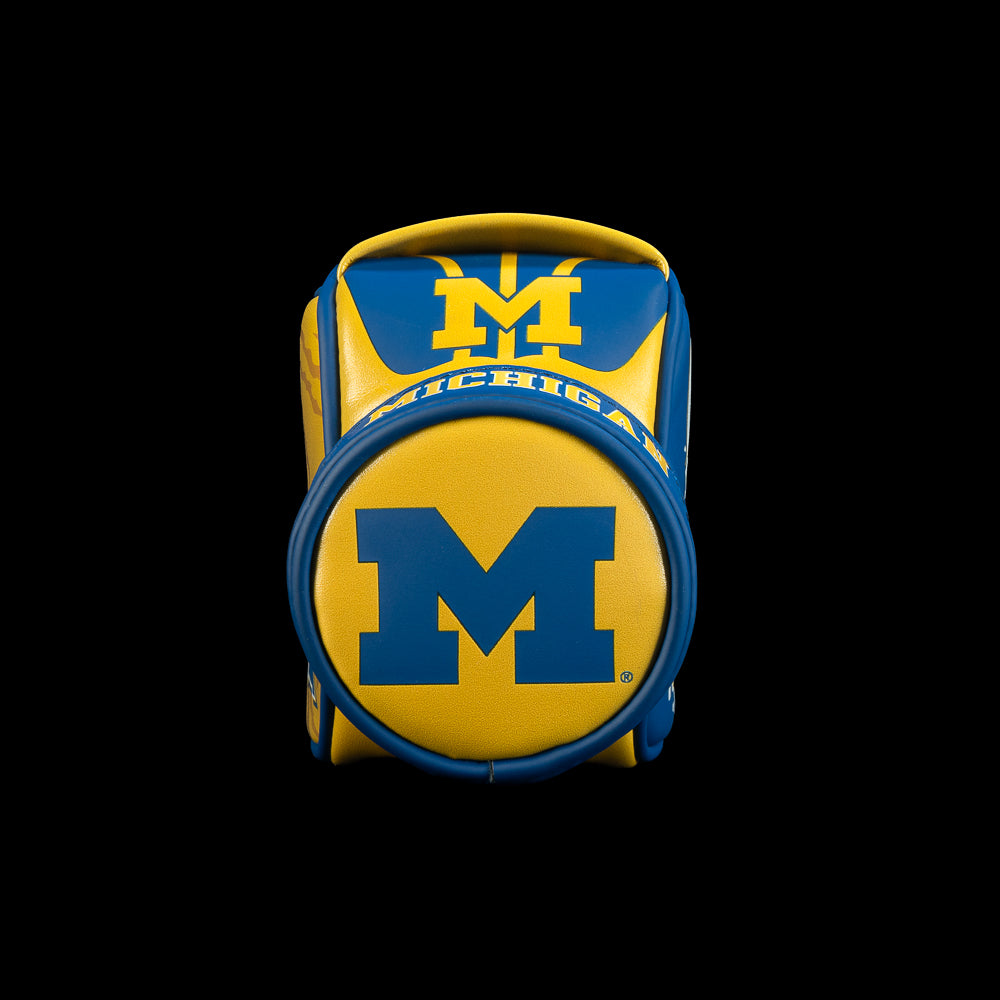 Bottom view of SWAG Golf Michigan Wolverines Desk Caddy featuring the Block M logo with maize and blue graphic detailing.