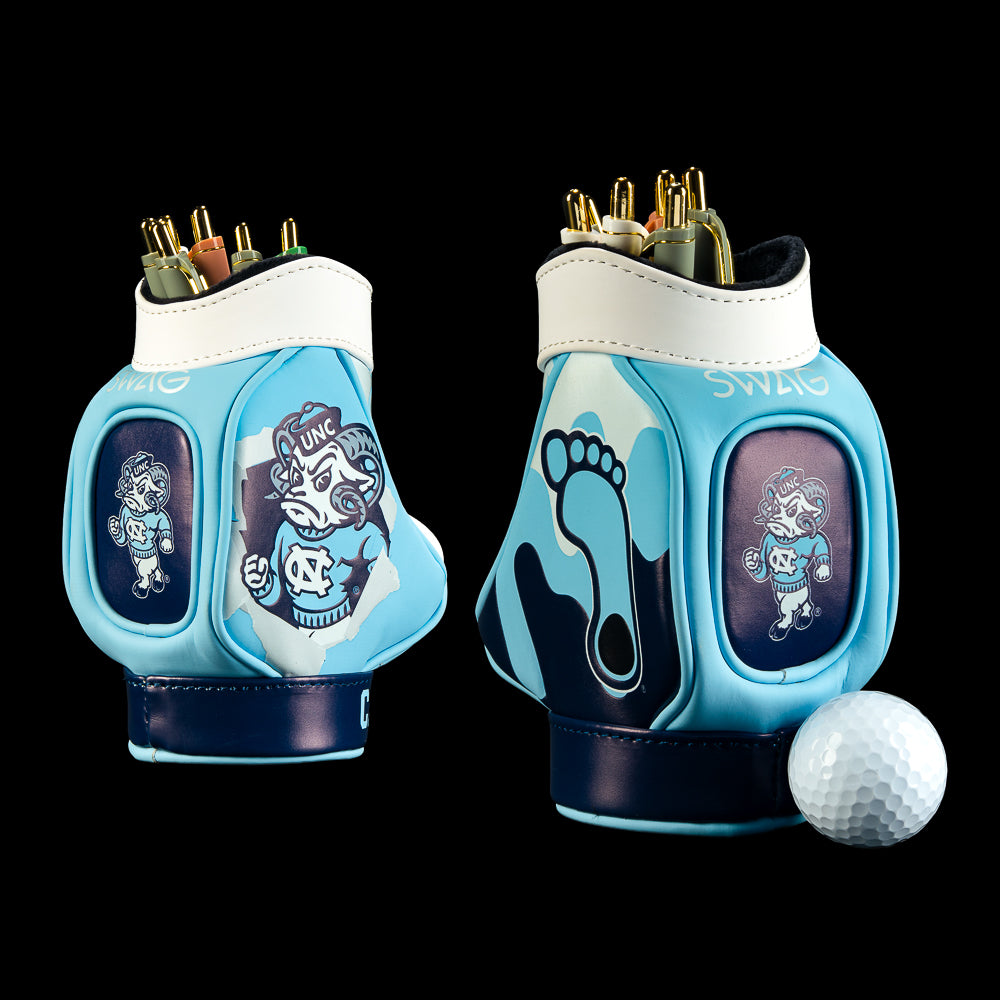 SWAG Golf North Carolina Tar Heels Desk Caddy in Carolina blue, white, and navy with a ram illustration, oversized blue footprint, UNC character artwork, and dark navy side pockets.