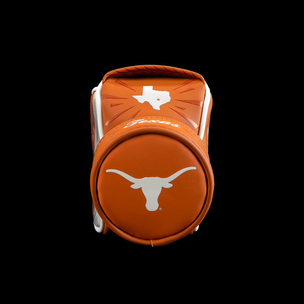 Bottom view of SWAG Golf Texas Longhorns Desk Caddy featuring the Longhorn logo with burnt orange and white graphic detailing.