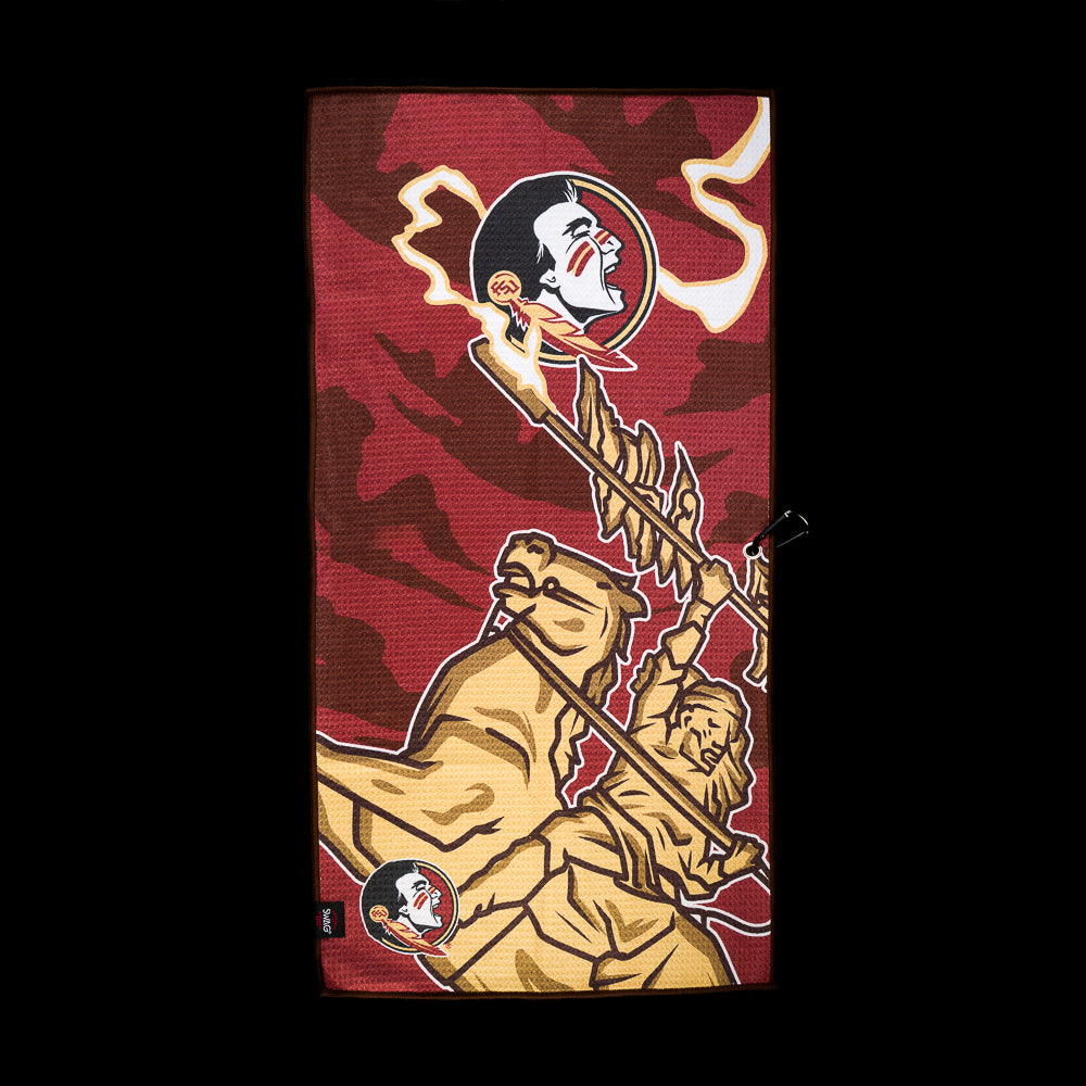 SWAG Golf Florida State University The Unconquered Golf Towel featuring the Seminoles logo, illustrated stone figures and a garnet camouflage background.