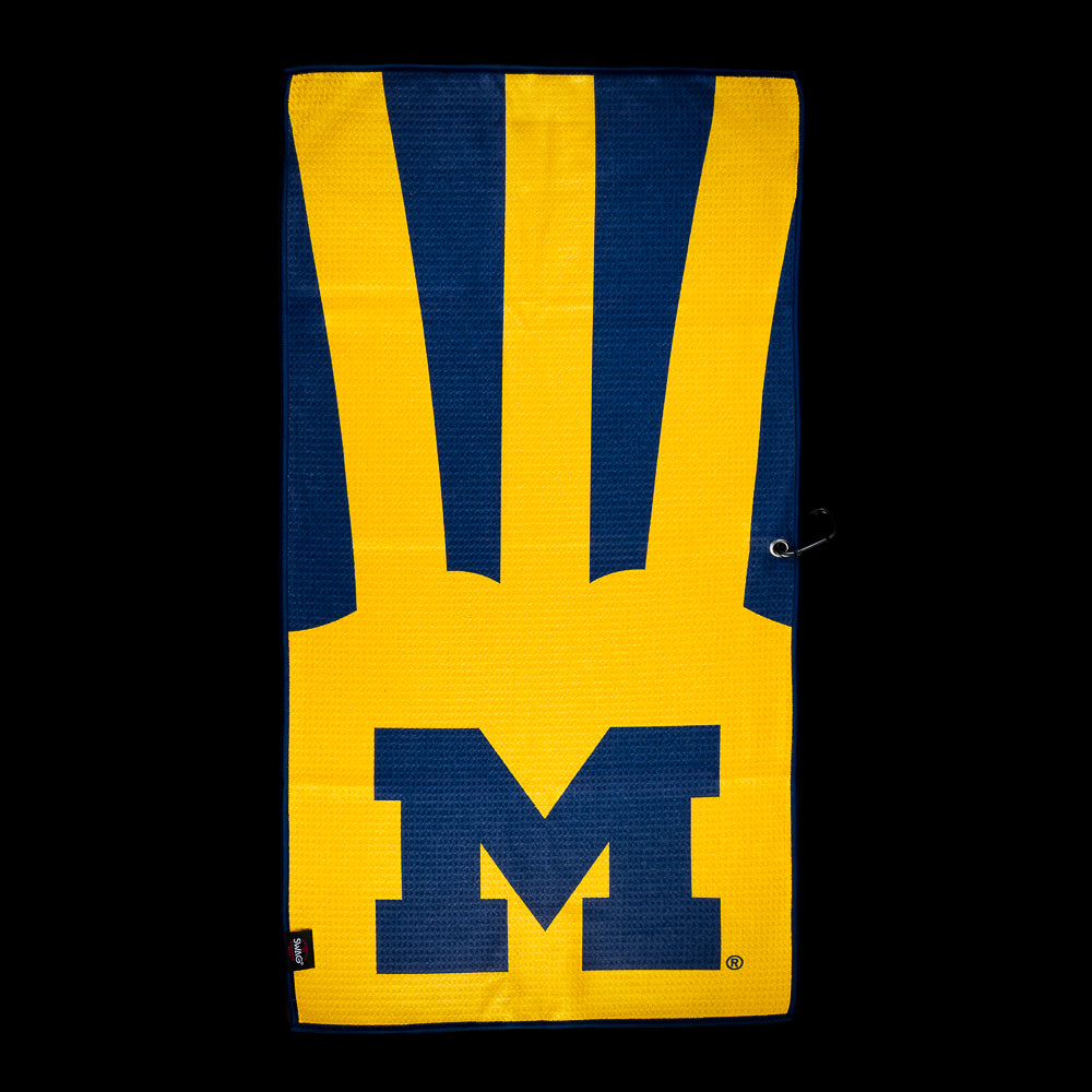 SWAG Golf University of Michigan Big House Golf Towel featuring bold maize and navy rays with a large block M logo.