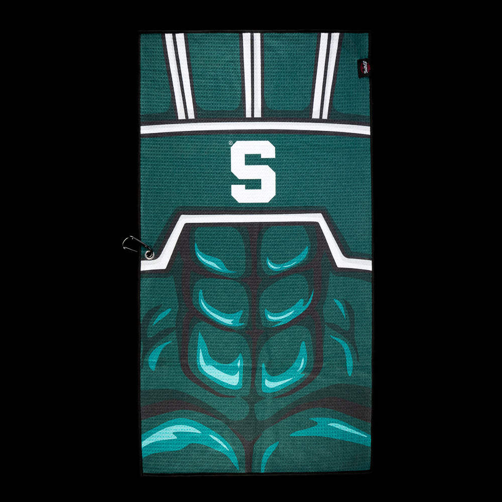 SWAG Golf Michigan State University Abs Of Victory Golf Towel featuring a green football jersey design, white S logo and illustrated abdominal muscles.