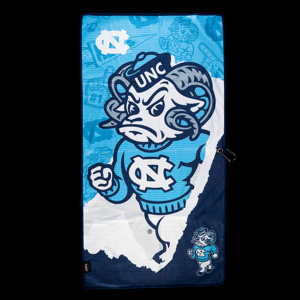 SWAG Golf University of North Carolina Carolina Fever Golf Towel featuring a charging ram, interlocking NC logos and Carolina blue graphics.