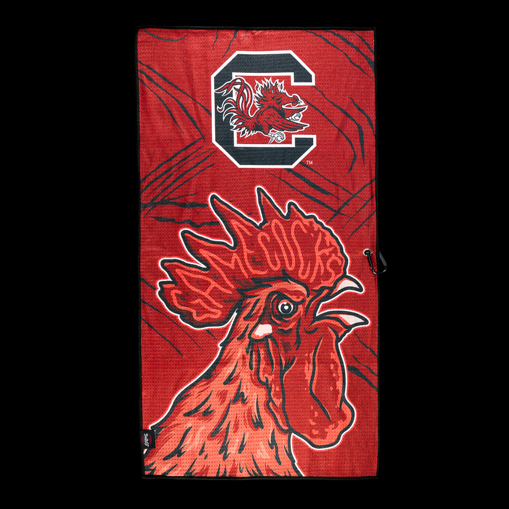 SWAG Golf University of South Carolina Fighting Gamecocks Golf Towel featuring an illustrated rooster, Gamecocks logo and garnet graphics.