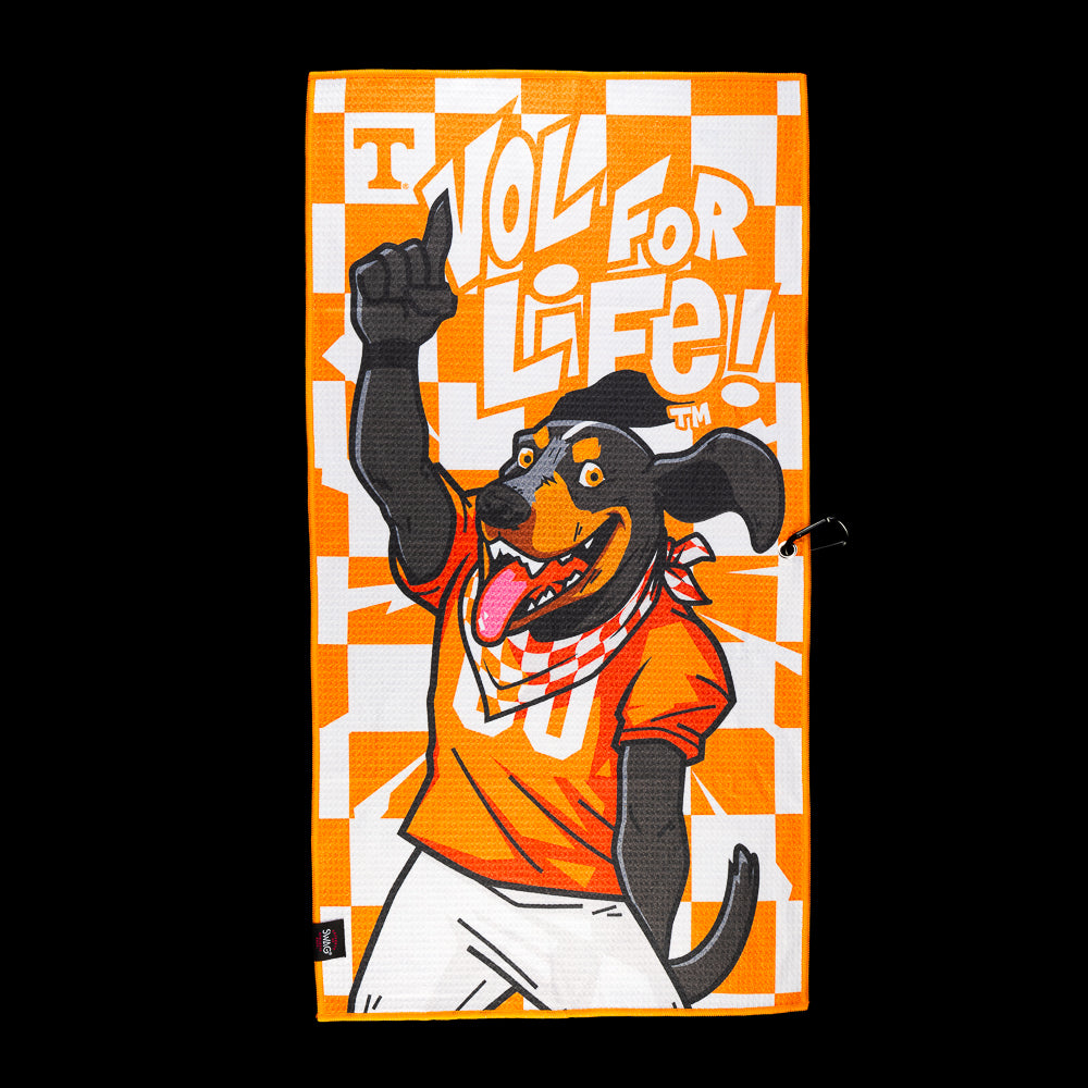 SWAG Golf University of Tennessee Vol For Life Golf Towel featuring an illustrated hound in a Vols jersey with raised fist and checkerboard details.