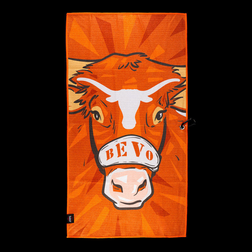 SWAG Golf University of Texas Bevo golf towel in burnt orange featuring a Bevo illustration, white Longhorn logo and bold sunburst design.