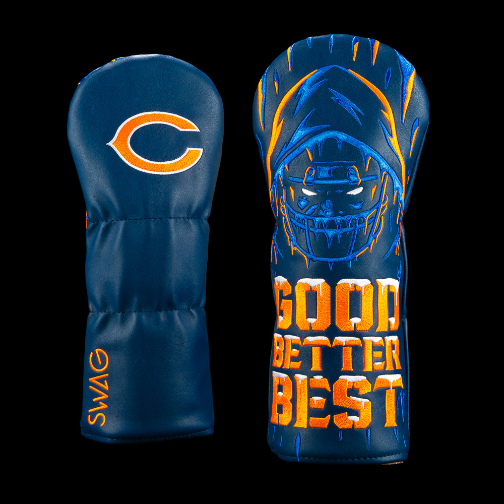 SWAG Golf NFL Chicago Bears Good Better Best Fairway Cover with shadowy hooded player in a football helmet, stacked GOOD BETTER BEST and navy and orange graphics.