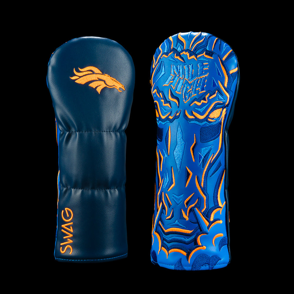 SWAG Golf NFL Denver Broncos Mile High Fairway Cover with fierce blue face, electric orange details, Mile High lettering and Broncos horse logo.