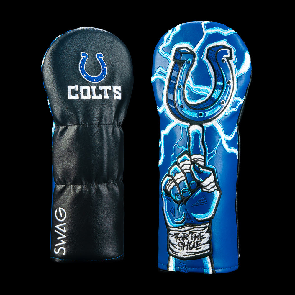 SWAG Golf NFL Indianapolis Colts For The Shoe Fairway Cover with oversized blue horseshoe on a show, white lightning bolts, For The Shoe lettering and Colts logo.