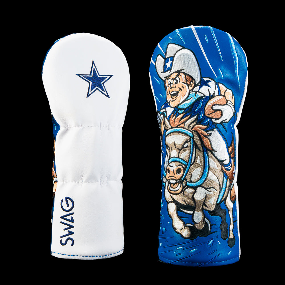 SWAG Golf NFL Dallas Cowboys To The Races Fairway Cover with illustrated cowboy racing artwork, Cowboys star and navy, silver and blue details.