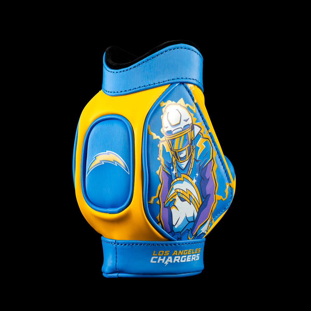 SWAG Golf NFL Los Angeles Chargers Bolt Up Desk Caddy angled view with a helmeted football player, muscle arms, yellow lightning and powder blue panels.