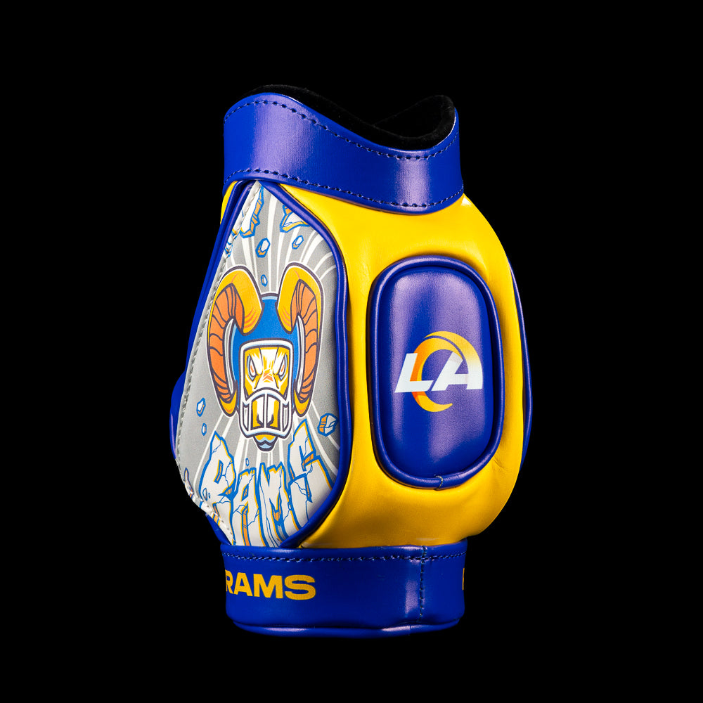 SWAG Golf NFL Los Angeles Rams Buttin’ Heads Desk Caddy side view with horned character artwork, LA Rams logo pocket and Rams lettering.