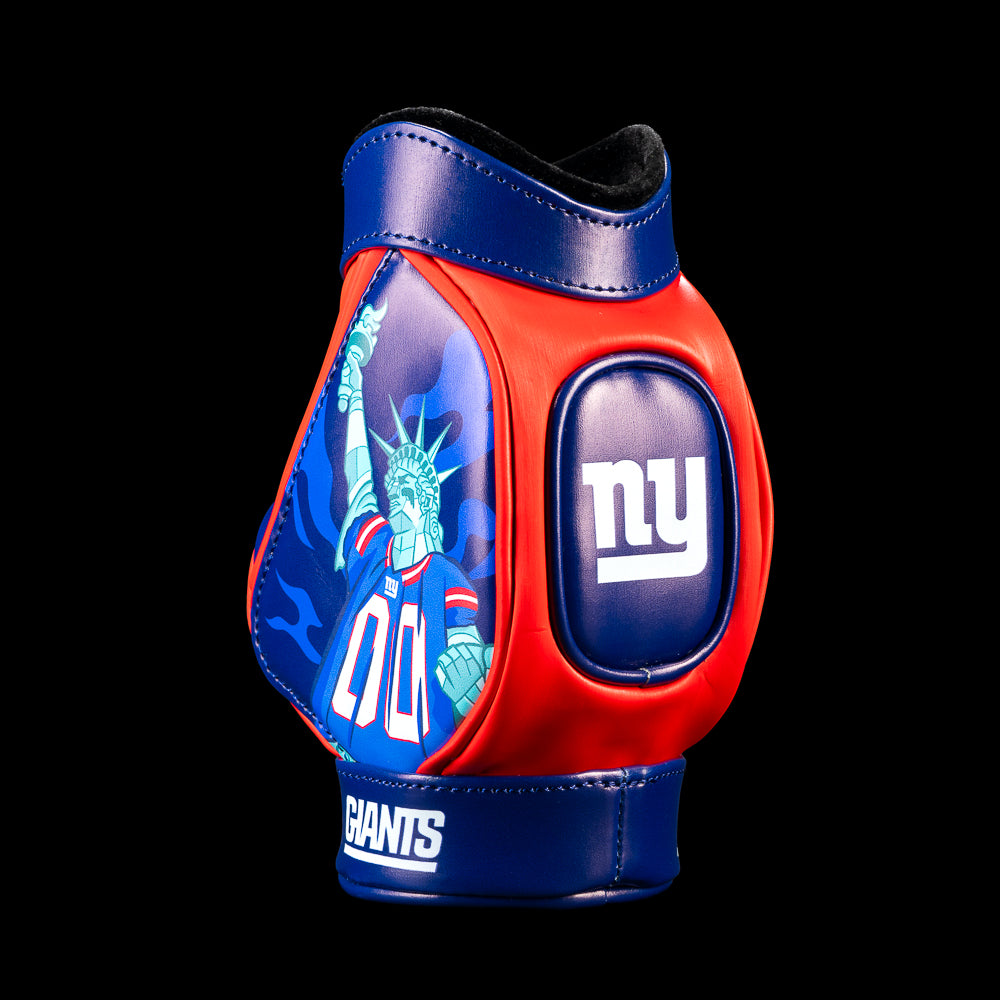 SWAG Golf NFL New York Giants Big Blue Desk Caddy side view with Statue of Liberty player artwork, NY logo pocket and Giants lettering.