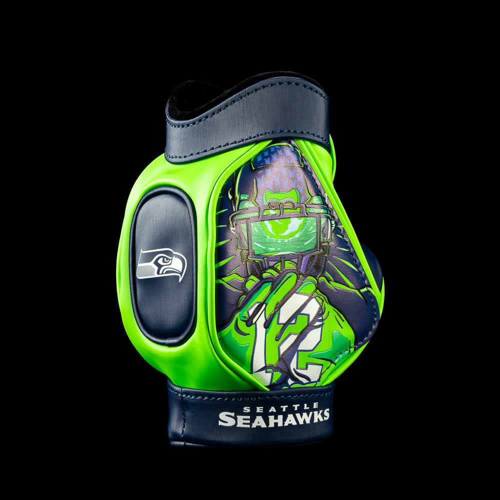 SWAG Golf NFL Seattle Seahawks Twelfth Man Desk Caddy angled view with a number 12 football player making hand sign in navy and green.