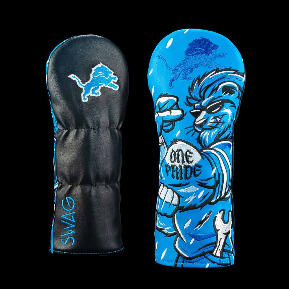 SWAG Golf NFL Detroit Lions One Pride Flex Fairway Cover with muscular lion flexing a One Pride tattoo and holding an oversized wrench in pocket.