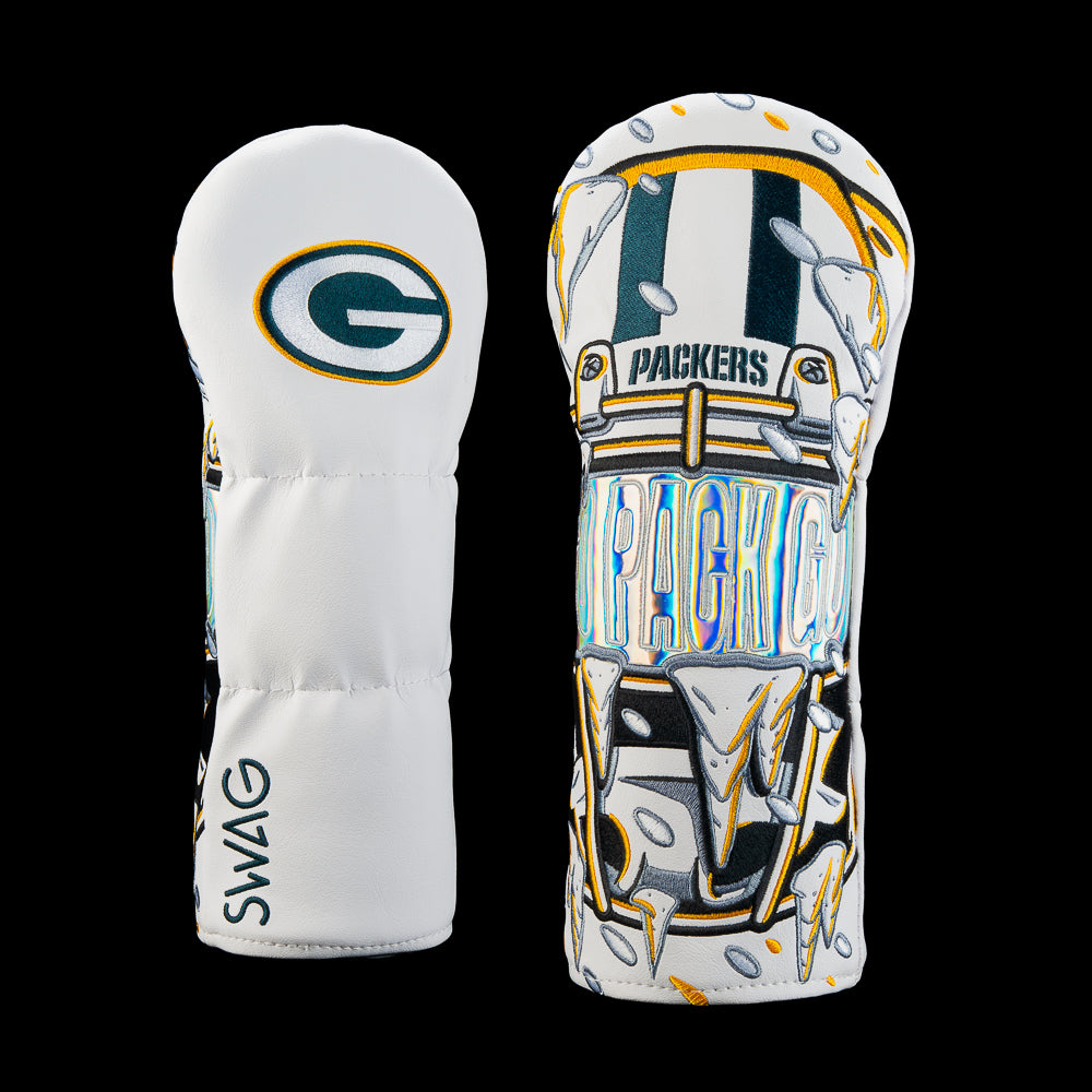 SWAG Golf NFL Green Bay Packers Flurry Frenzy Fairway Cover with snow-covered helmet, icicles, iridescent Go Pack Go lettering and Packers logo.