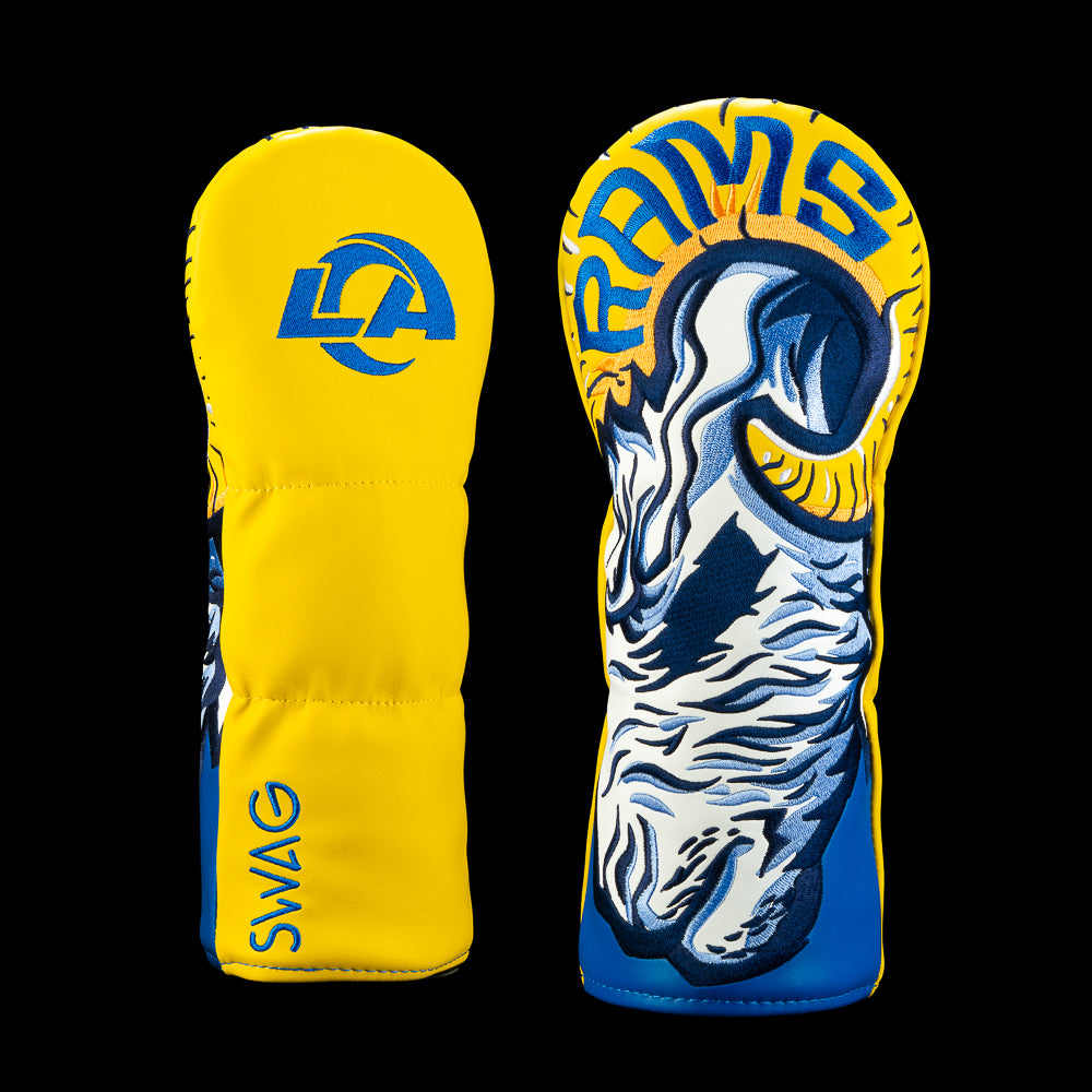 SWAG Golf NFL Los Angeles Rams Head Down Fairway Cover with illustrated ram head, curved horns and bold royal blue, yellow and white graphics.