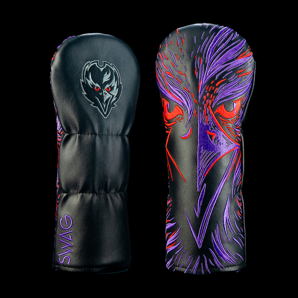 SWAG Golf NFL Baltimore Ravens Flock Fairway Cover with close-up purple and black raven face, layered feathers, glowing red eyes and Ravens logo.