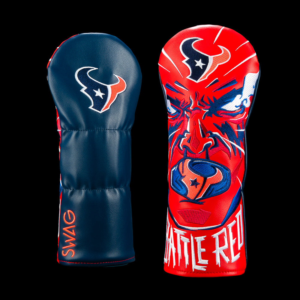 SWAG Golf NFL Houston Texans Battle Red Fairway Cover with enraged bull face, Battle Red lettering and explosive red, navy and white graphics.