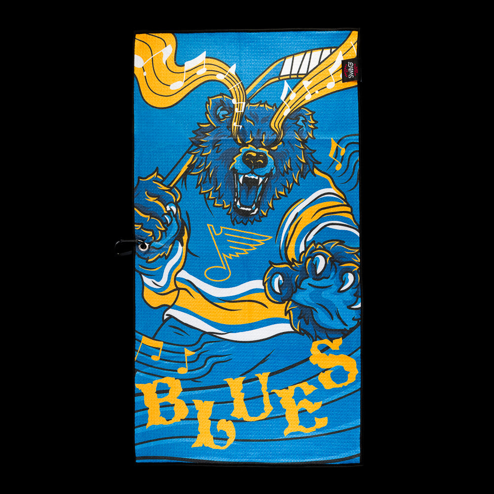 Blue and yellow St. Louis Blues golf towel with a bear hockey player, musical notes, team logo and Blues lettering.