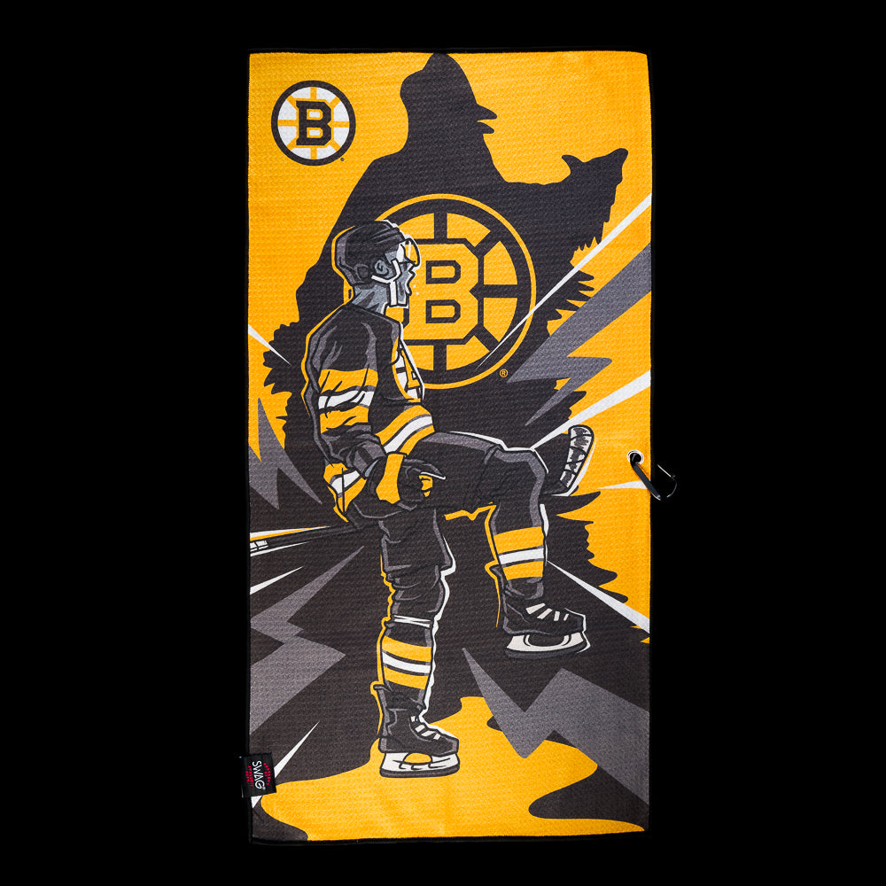Black and gold Boston Bruins golf towel with a celebrating hockey player, silhouette, oversized centered team logo and bolt graphics.