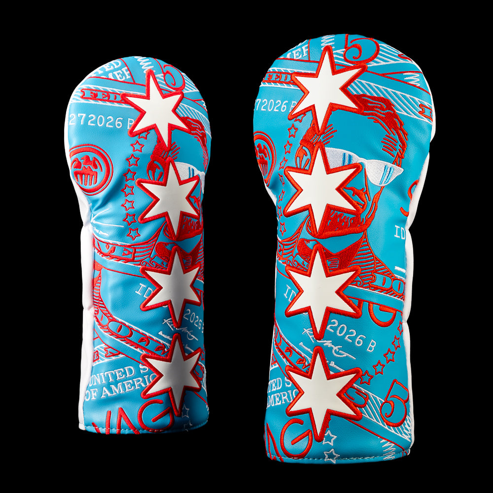 Chicago Lincoln driver headcover with layered blue and red bill graphics and four embroidered red and white stars.