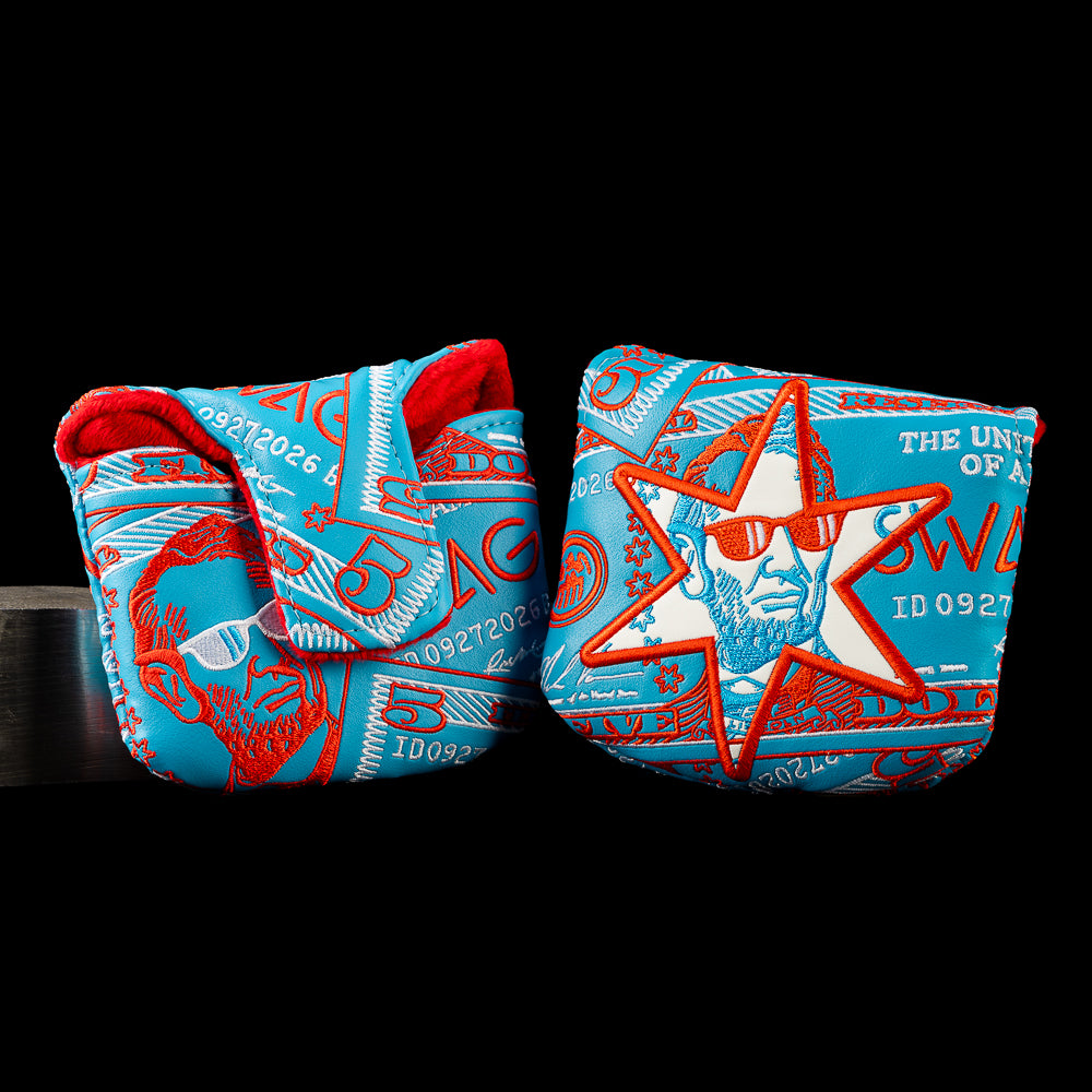 Chicago Lincoln mallet putter cover featuring overlapping blue bills, red details, SWAG lettering, and a large Lincoln star graphic.
