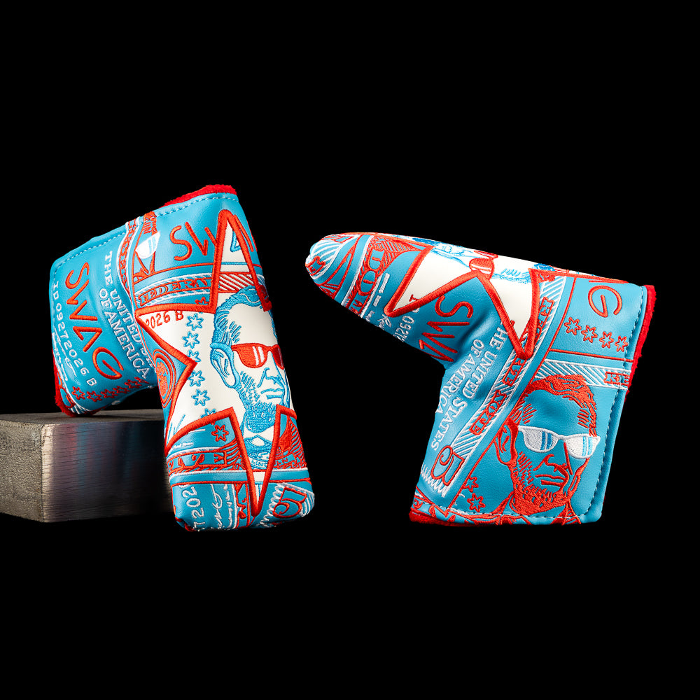 Chicago Lincoln blade putter cover with layered blue and red bill graphics, a white star, Lincoln portrait, and SWAG lettering.