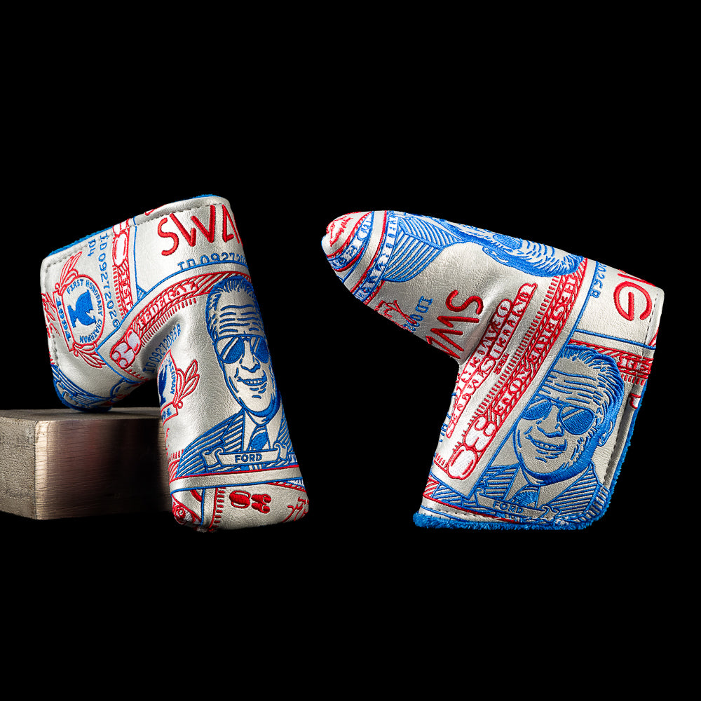 Ford Bill blade putter cover with overlapping red, blue, and silver bill graphics, illustrated portraits, signatures, and SWAG lettering.