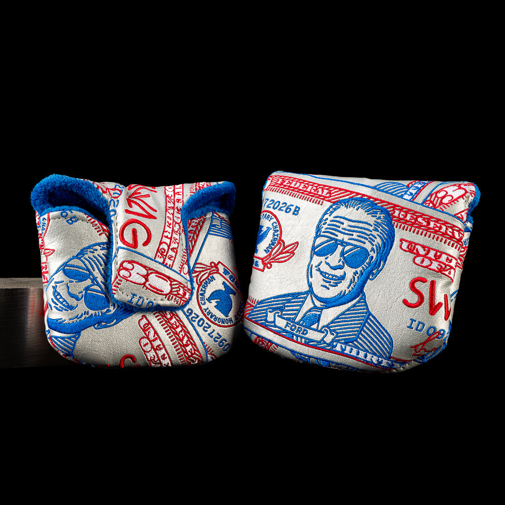 Ford Bill mallet putter cover featuring layered red, blue, and silver bill artwork with portraits, serial numbers, and SWAG lettering.