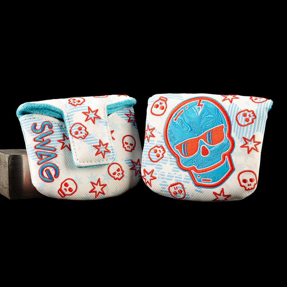 Lincoln Bill Skull mallet putter cover featuring a blue skull in red sunglasses surrounded by red stars, small skulls, and blue graphics.