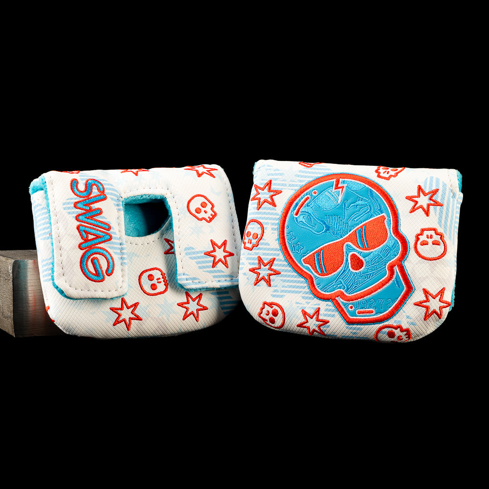 Lincoln Bill Skull small center shaft mallet cover with a sunglasses wearing blue skull, scattered stars, miniature skulls, and SWAG lettering.